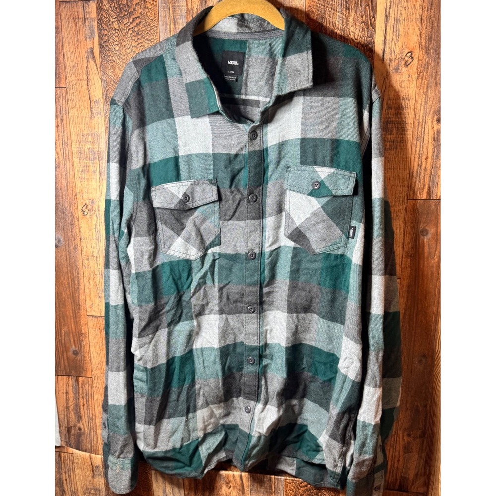 Vans Mens Flannel Shirt Large Green Gray Plaid Long Sleeve Button Down‎ Tailored
